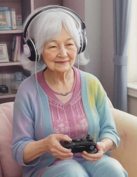 Elderly Gamer in Cozy Room as Watercolor Painting