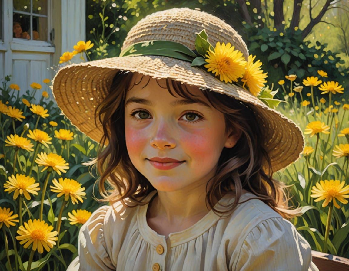Child in Dandelion Hat on Sunny Porch
