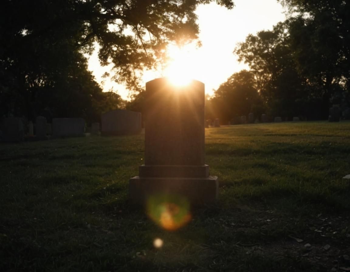 Sunrise Over a Gravestone in Cinematic Warmth
