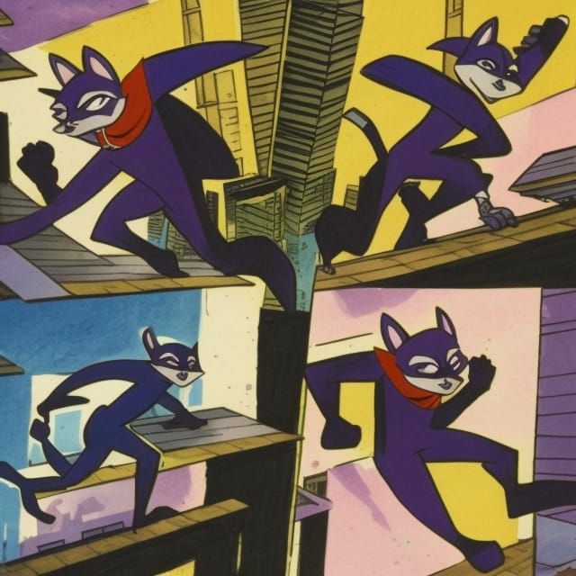 Ink Drawing of Sly Cooper Leaping Through Rooftops