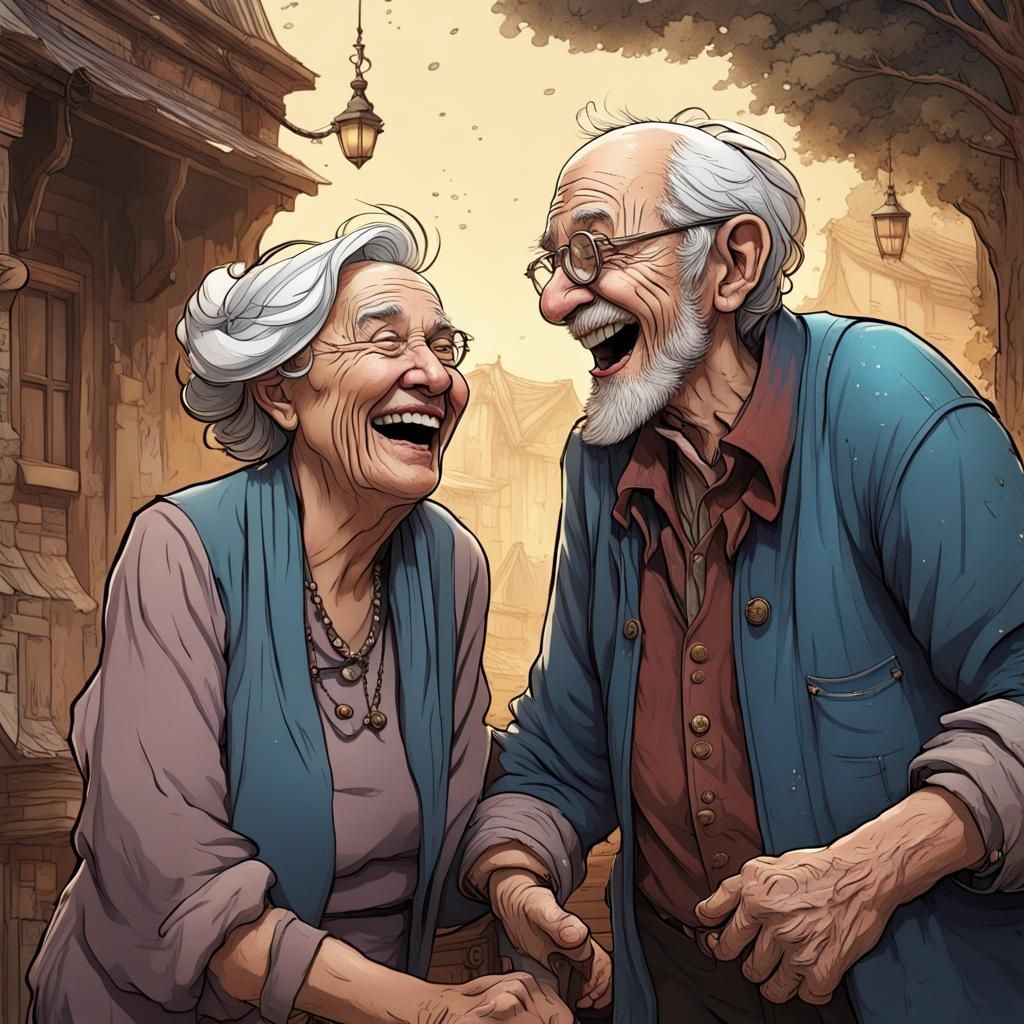Old Couple Laughing in Vibrant Fantasy Scene