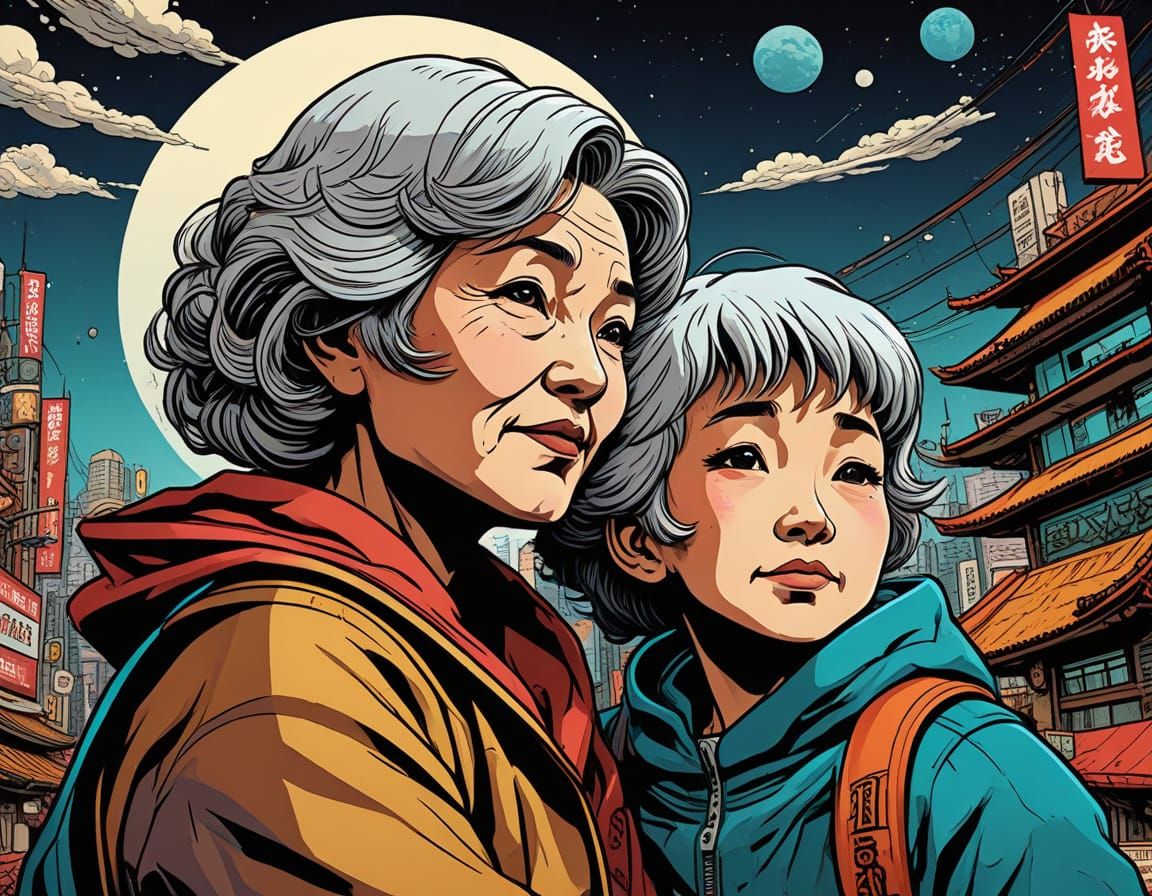 Japanese Grandma and Grandchild: Vibrant Retro Comic Book Ar...