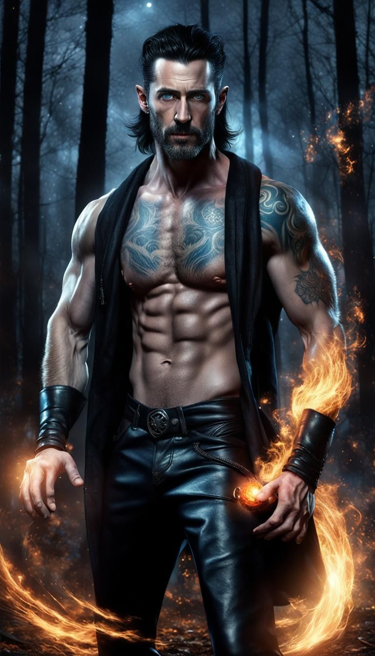 Chiseled Male Witch Conjure Magic Fireball Under Starry Nigh...