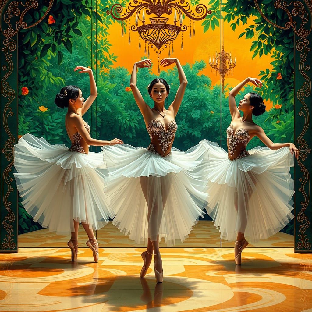 Ethereal Ballet Dancers in a Mirrored Studio
