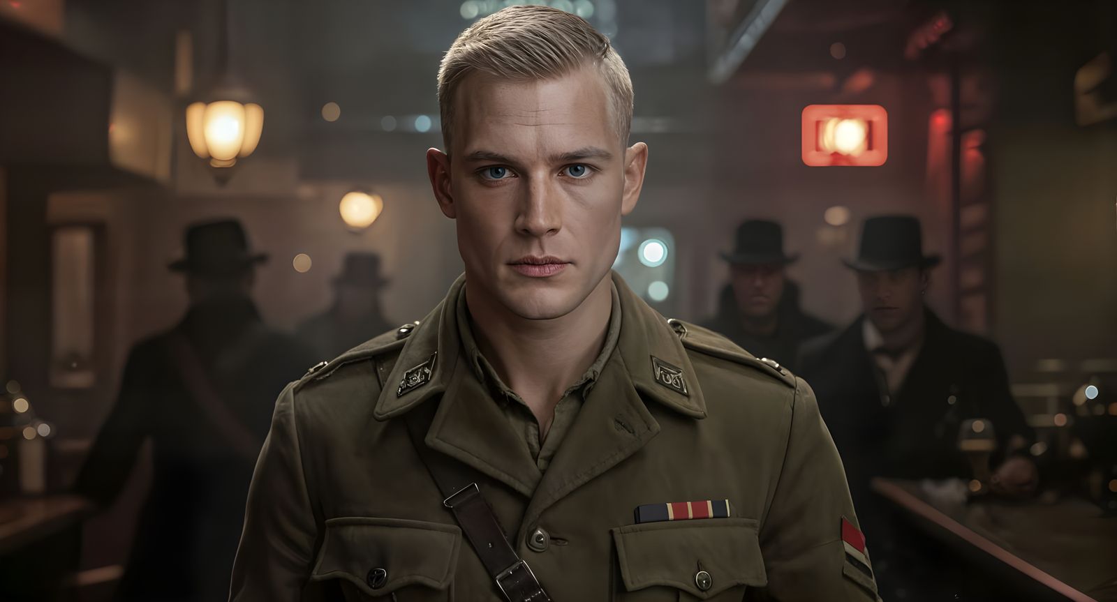 WWI Soldier in Steampunk Bar Cinematic Still