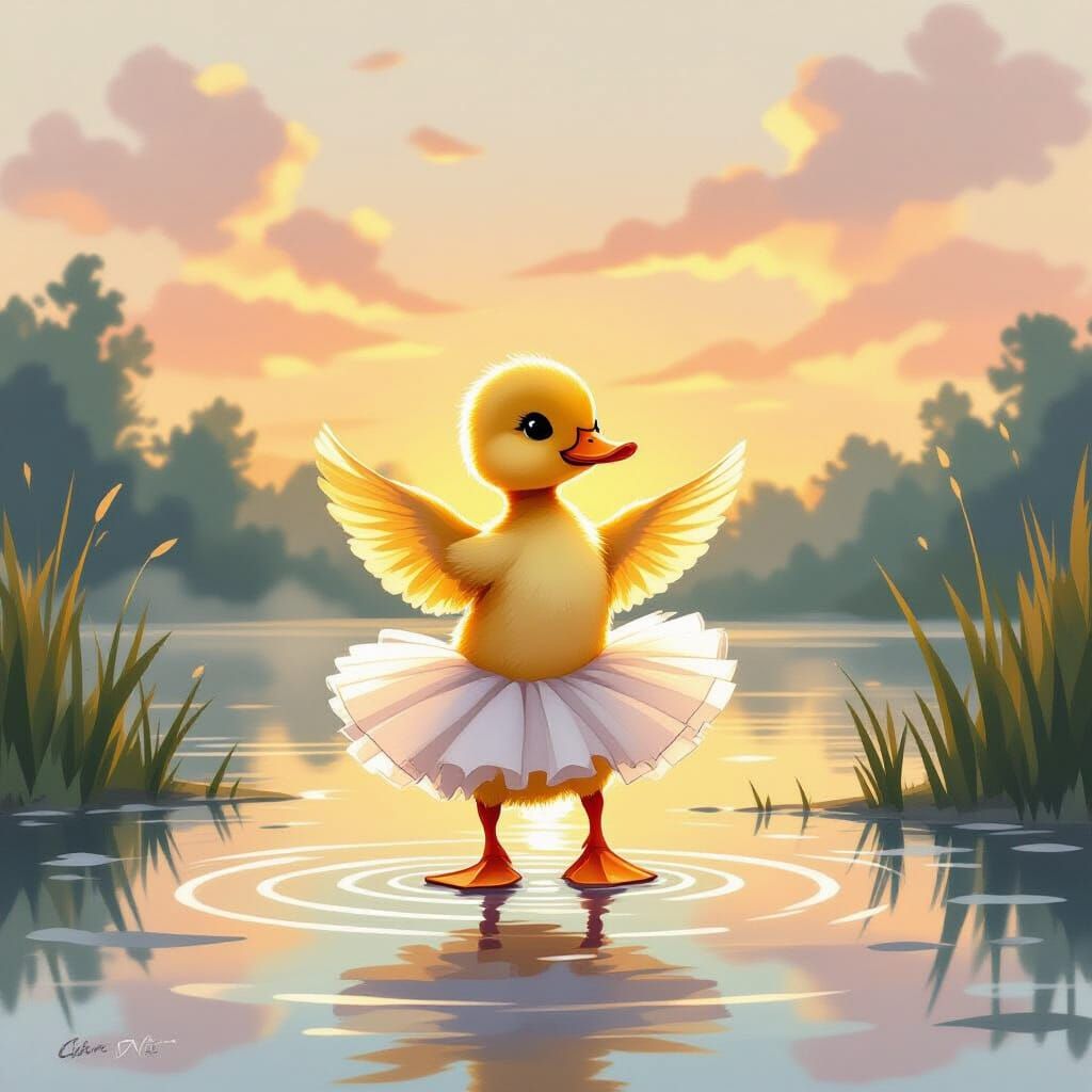 Duckling Ballerina Dances at Sunset: Watercolor Illustration