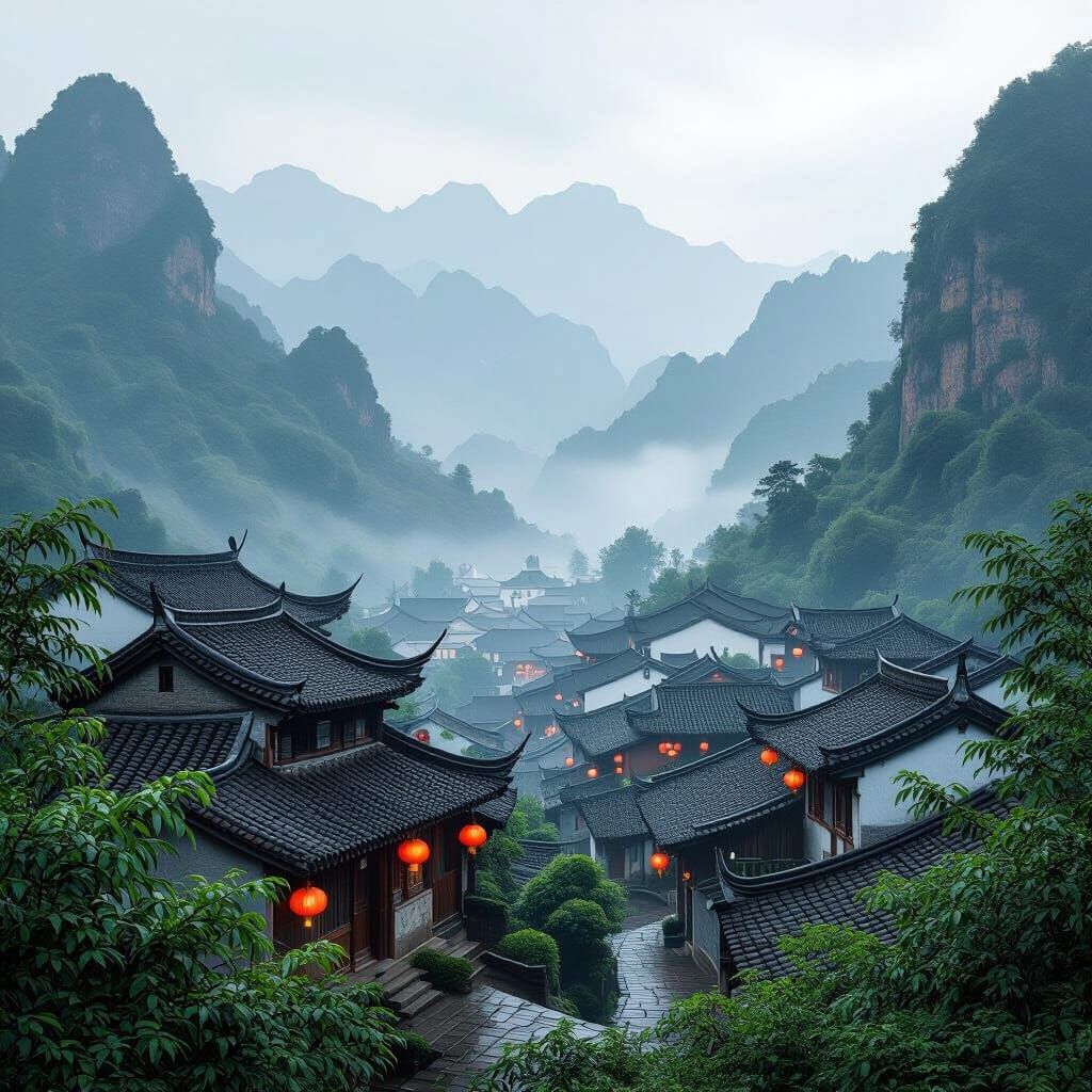 Serene Chinese Village Inspired by Zao Wou-Ki