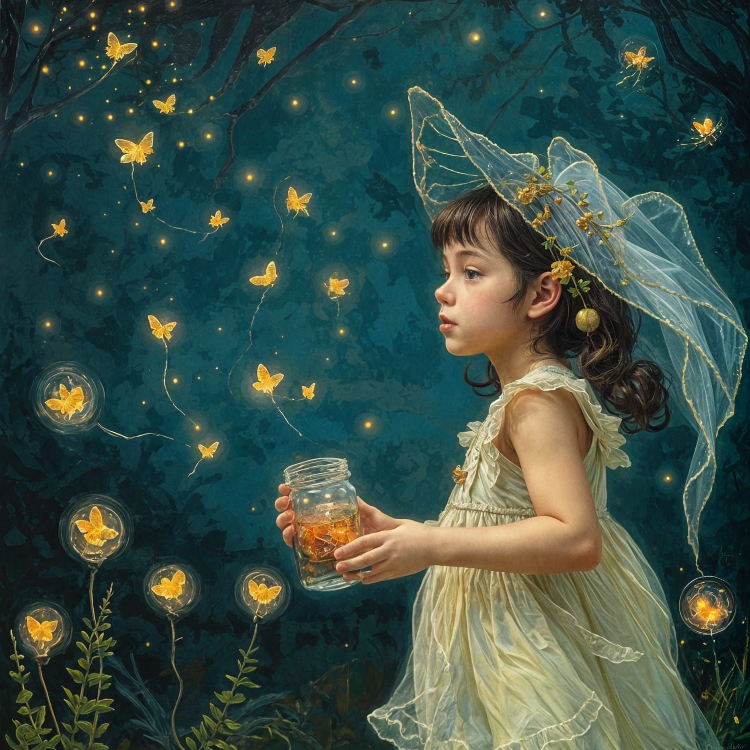 Girl Catching Fireflies: Ethereal Impasto Painting