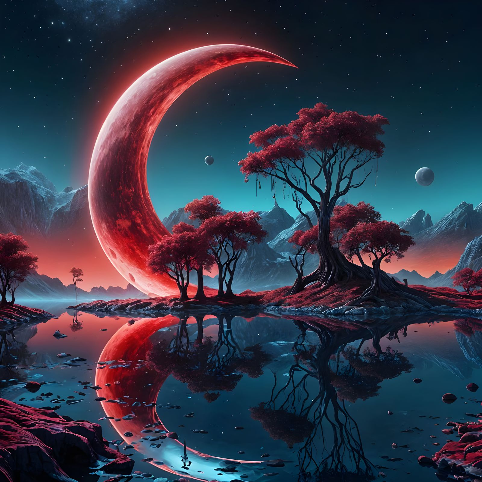 Surreal Chrome Sphere Reflecting Crimson Moon