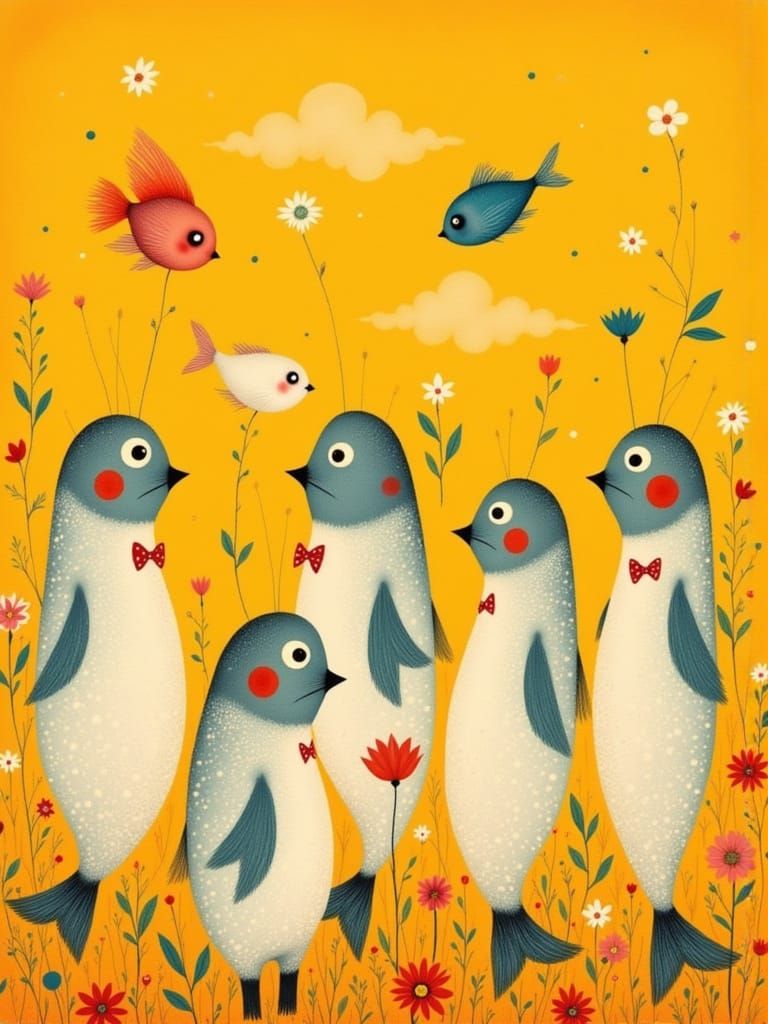 Quirky Fish Row in Rustic Storybook Style