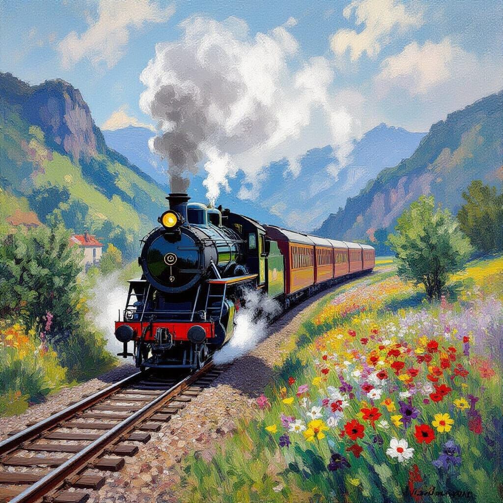Monet-Style Steam Train Through Mystical Void