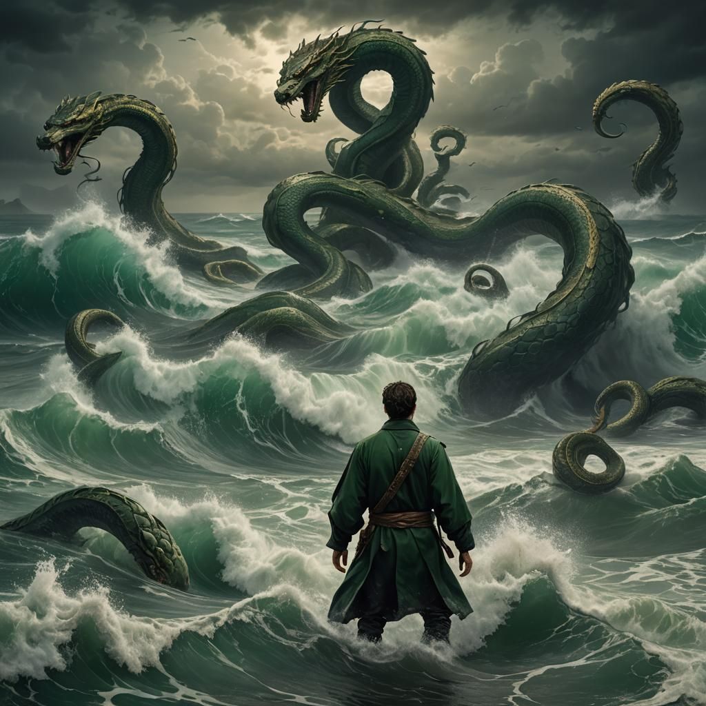 Epic Dark Green Tunic Hero Tames Turbulent Sea Serpents