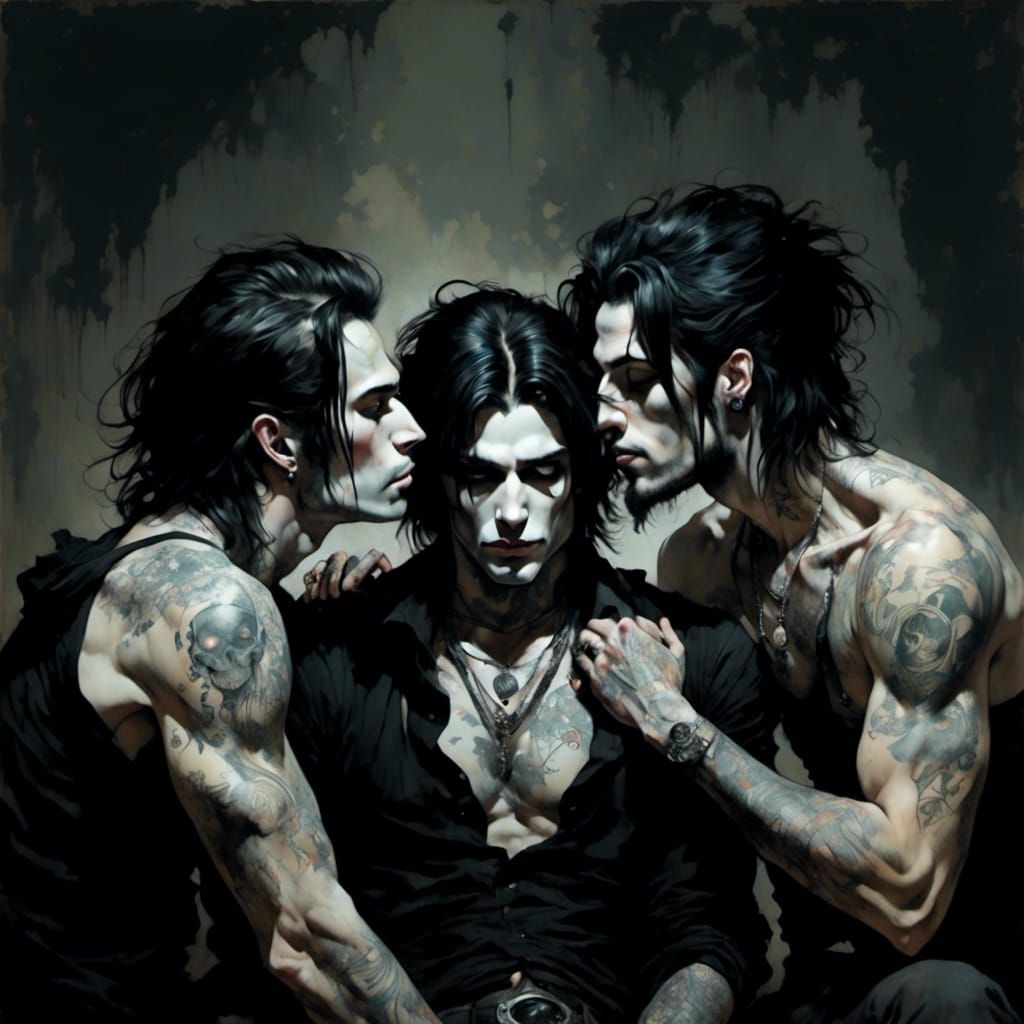 Gothic Punk Intimacy: Three Men Embracing in a Dark, Hazy Sc...