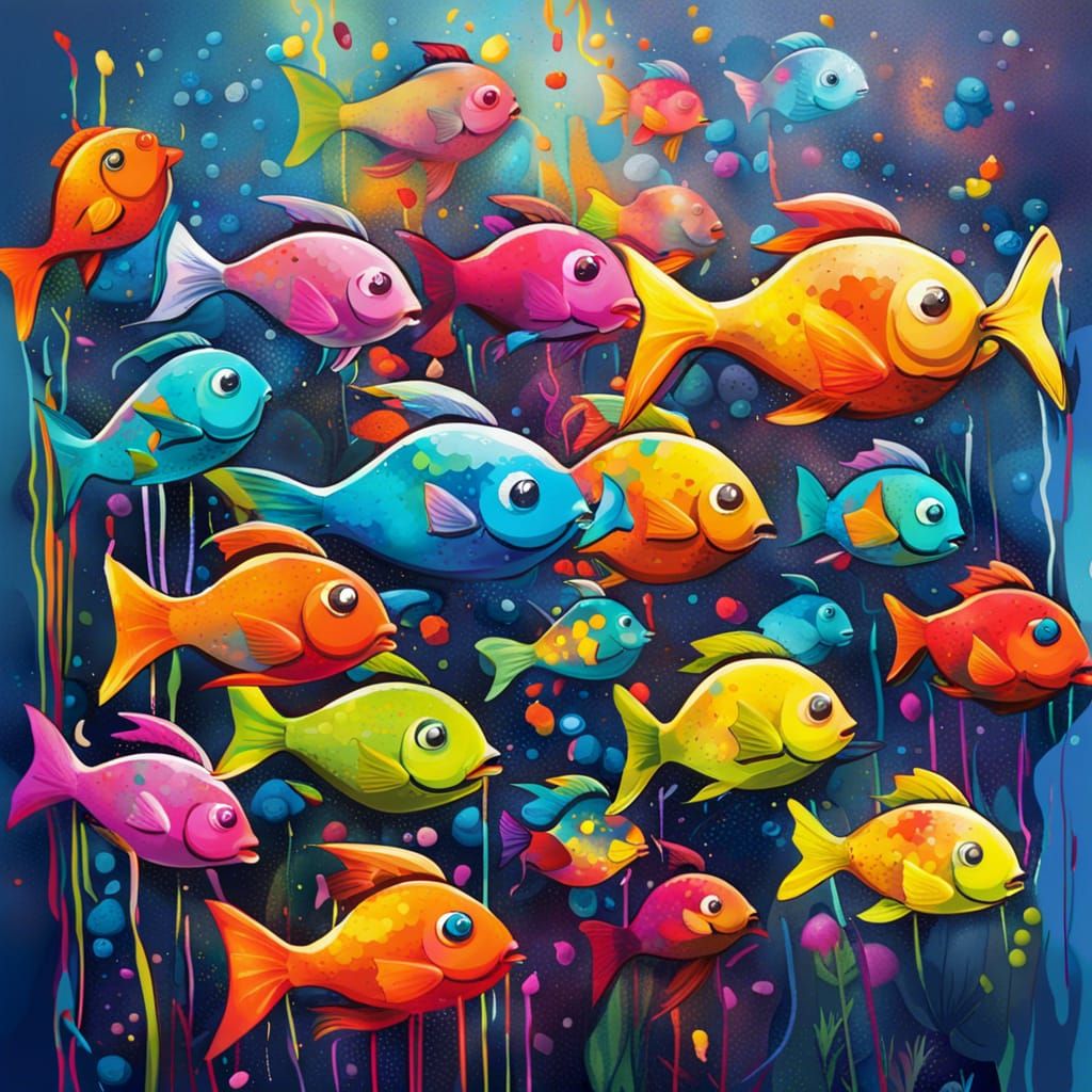 Vibrant School of Fish in Whimsical Graffiti Style