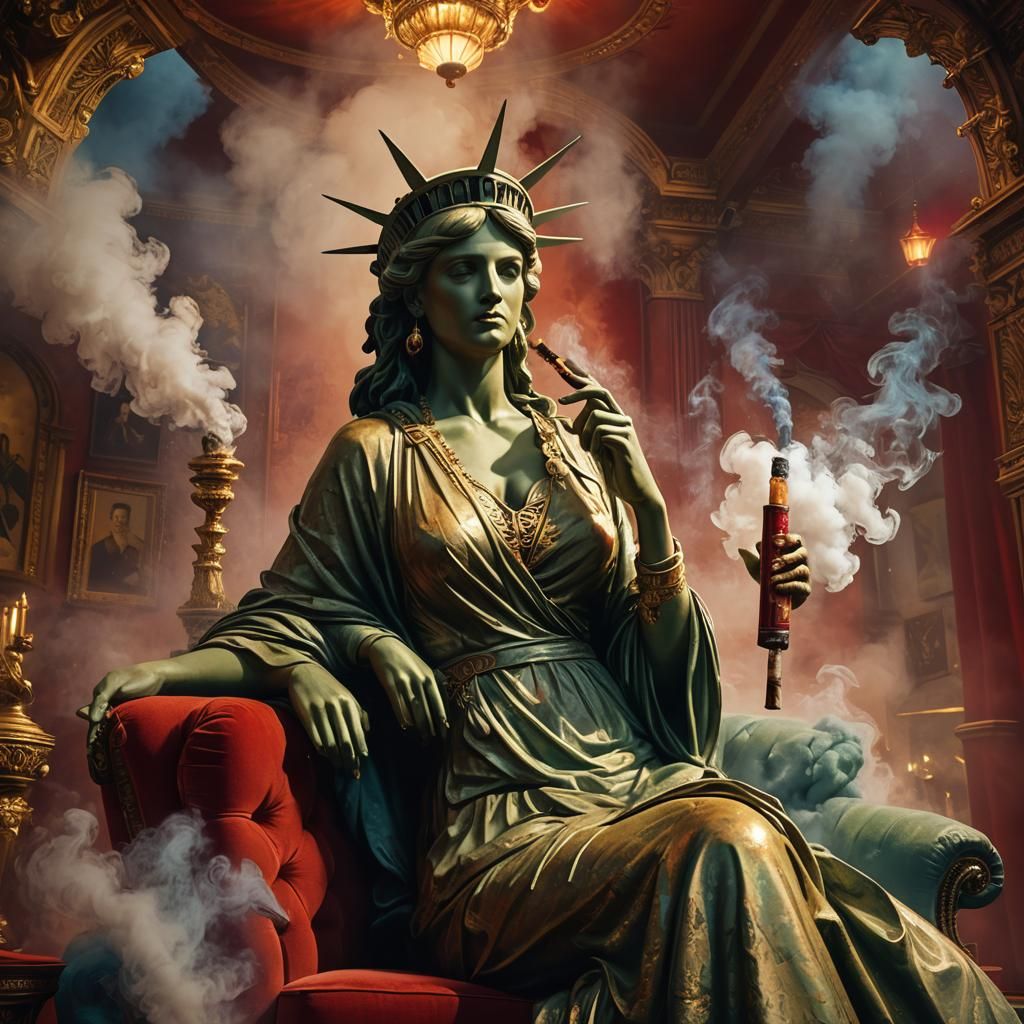 Matte Painting of Statue of Liberty Relaxing on a Red Sofa