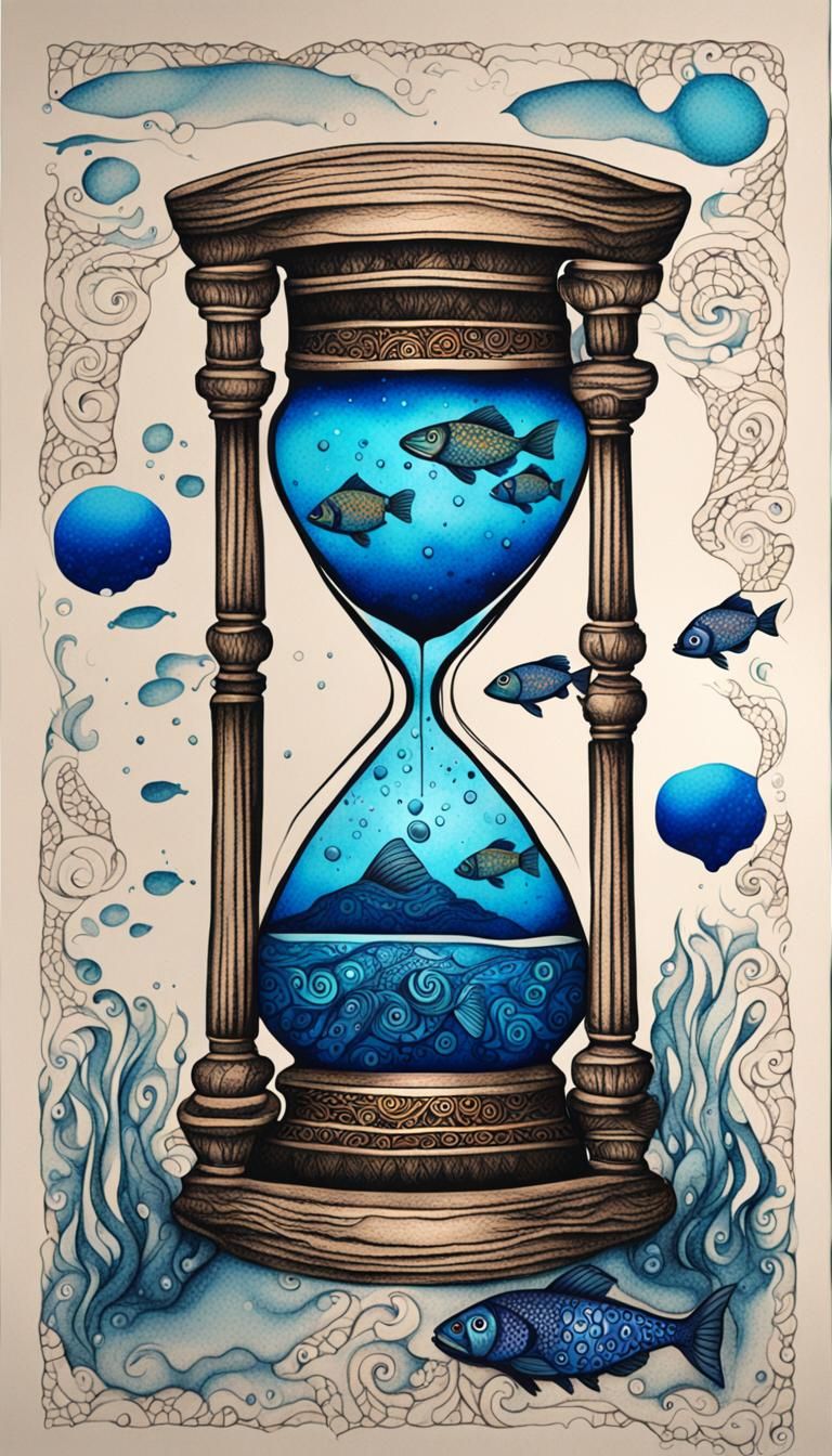 Whimsical Hourglass Poster with Glowing Fish
