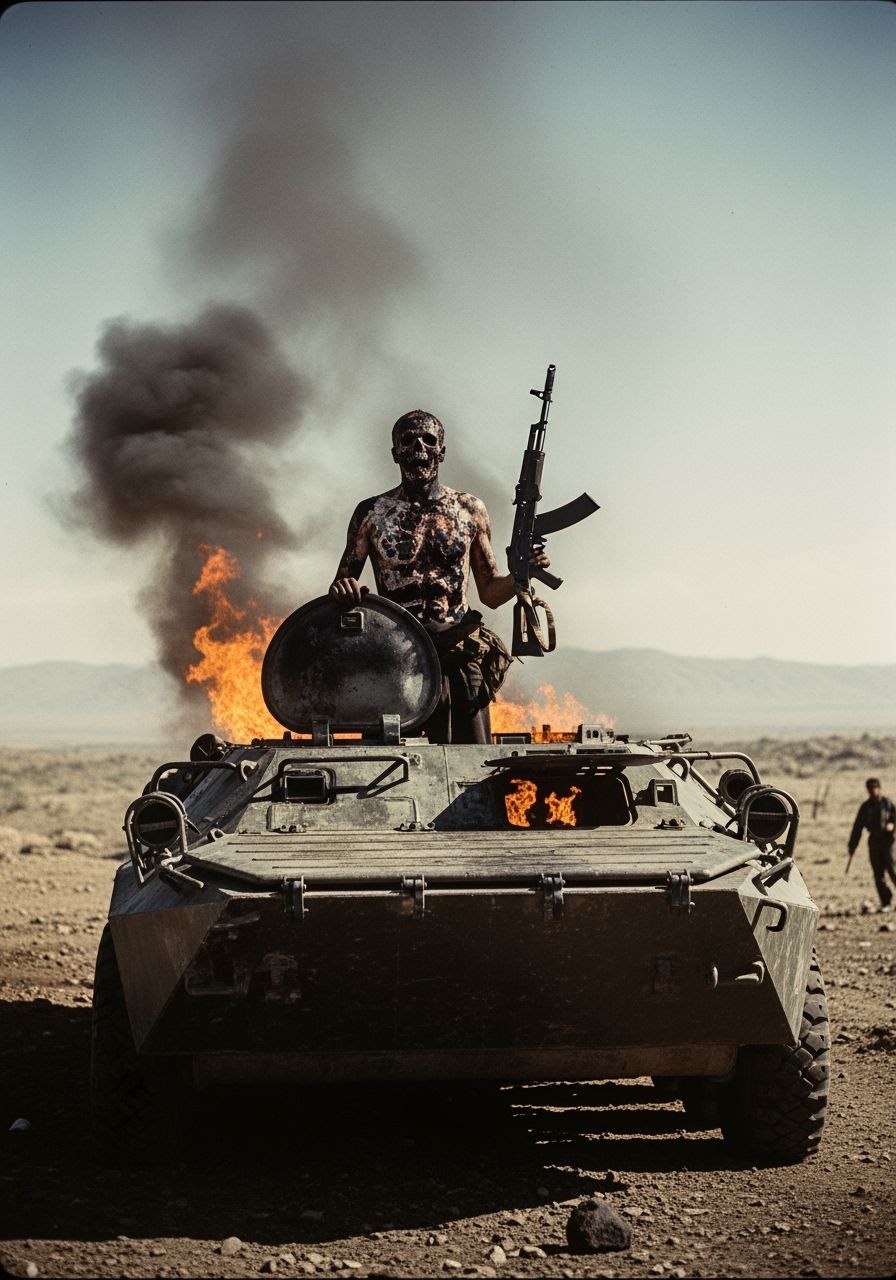War Fiend in Burning APC: 1980s War Photo