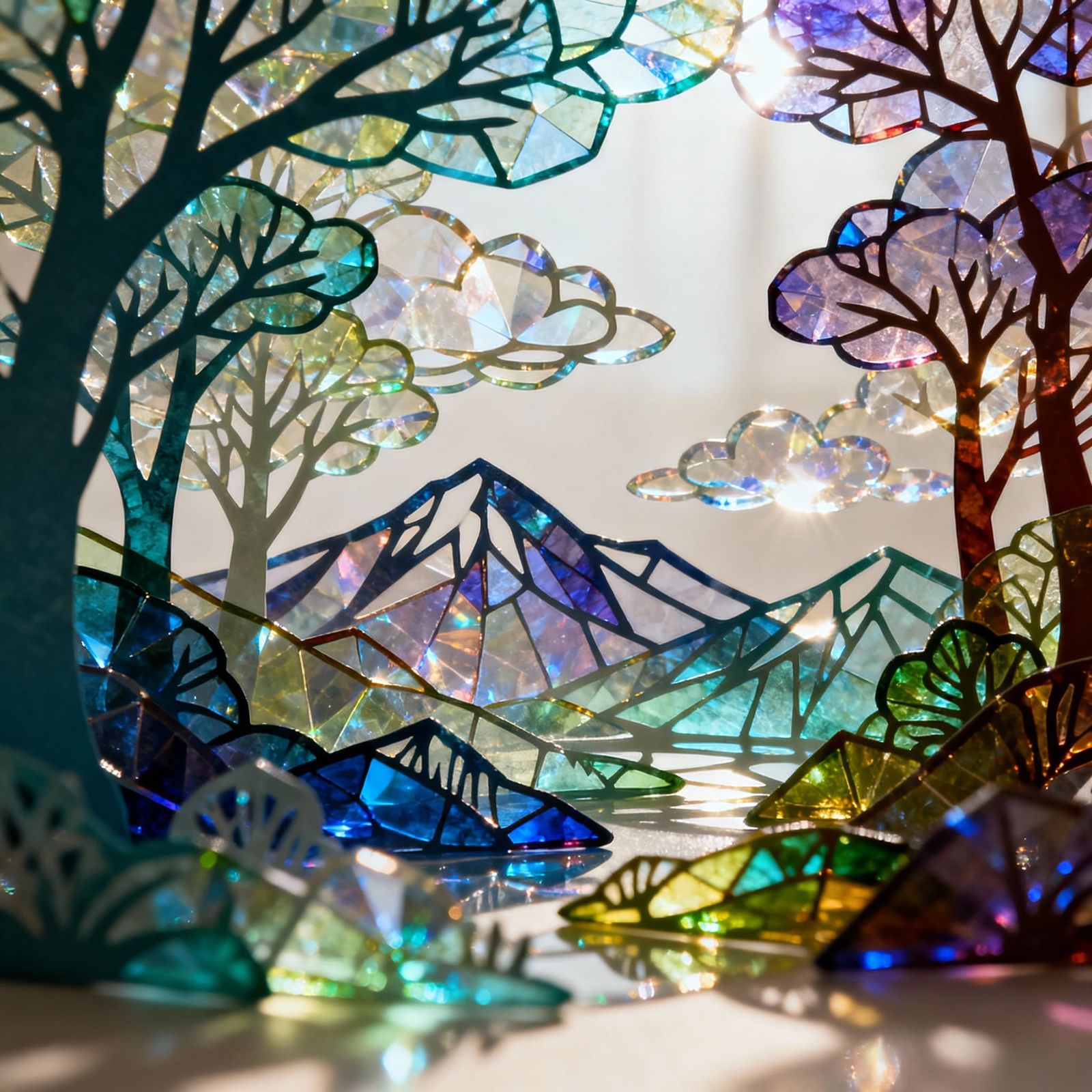 Kirigami Landscape of Tinted Cellophane Layers