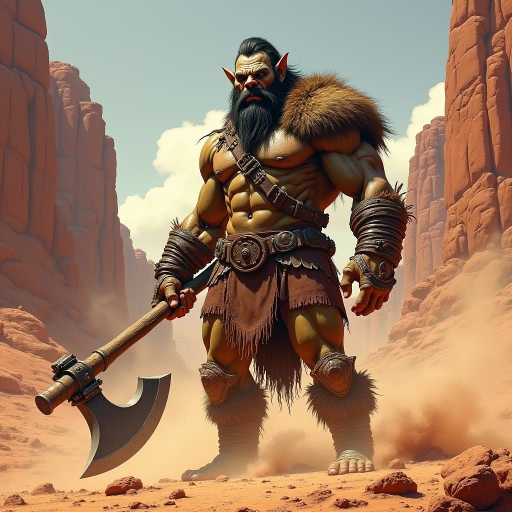 Battle-Worn Orc Warrior in Desert Landscape