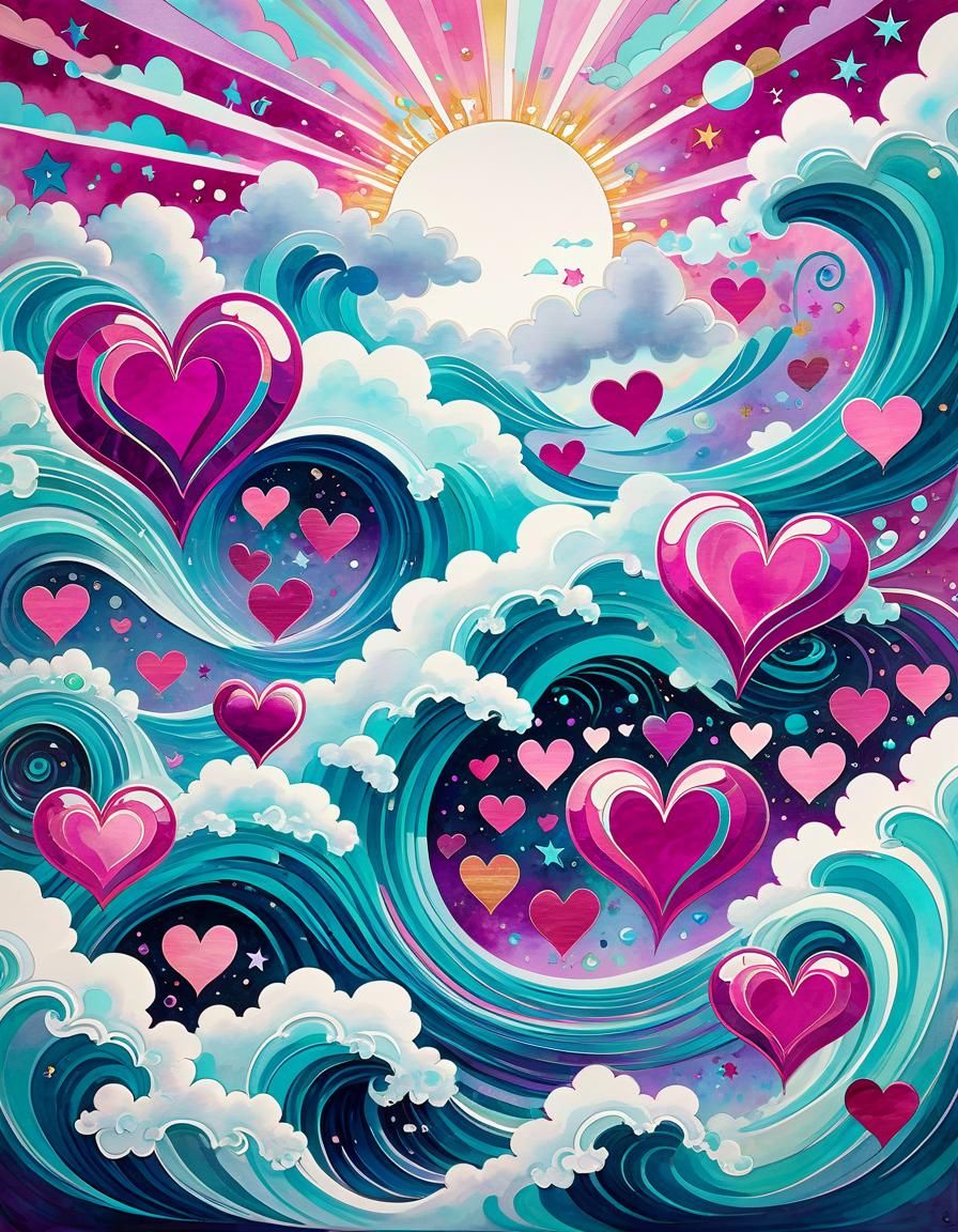 Vibrant Watercolor Tapestry of Swirling Hearts and Clouds