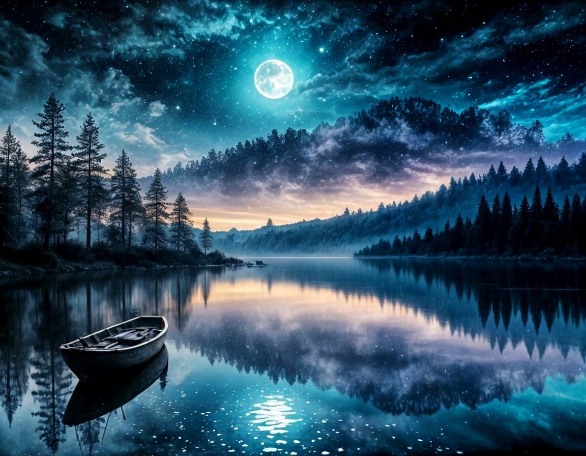 Ethereal Nocturne Lake Scene in Ink Painting Style