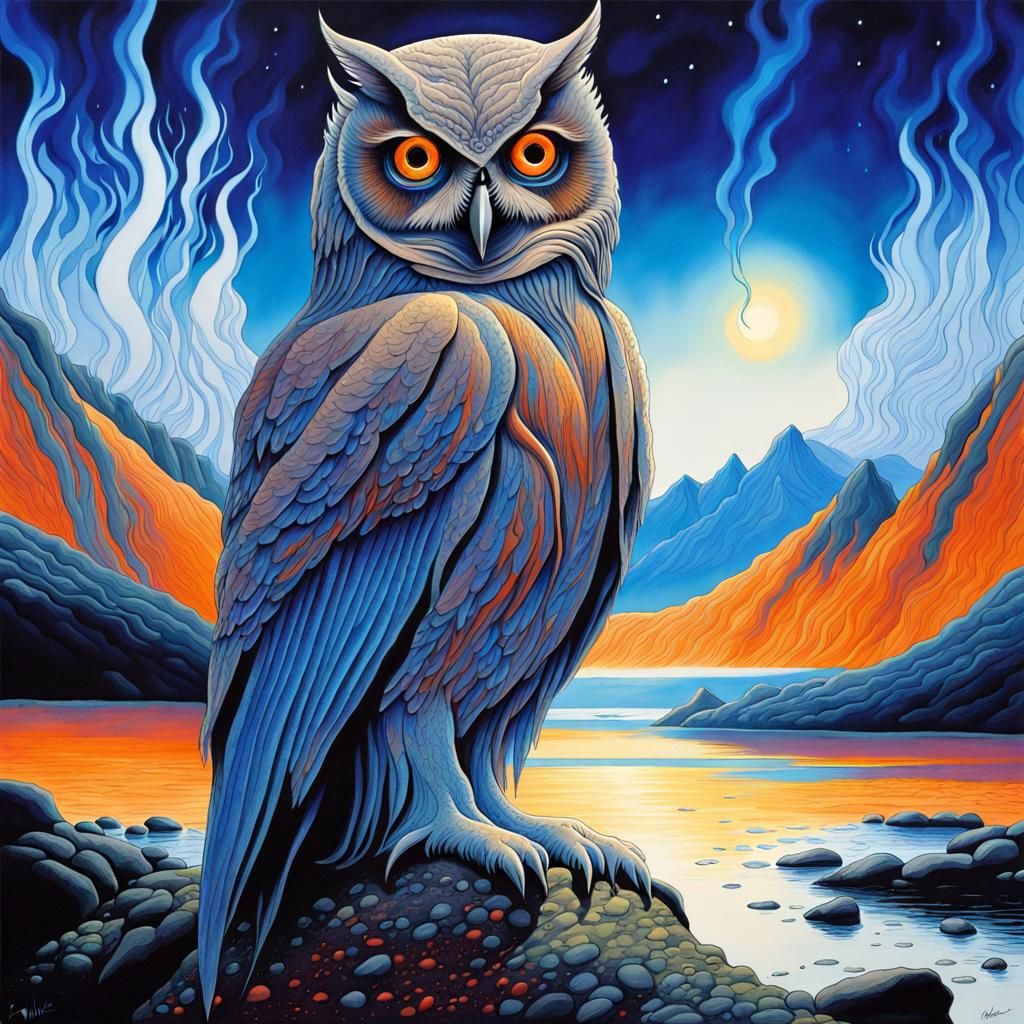 Lonely Cosmic Owl in Norwegian Fjords - Liquid Ink Painting