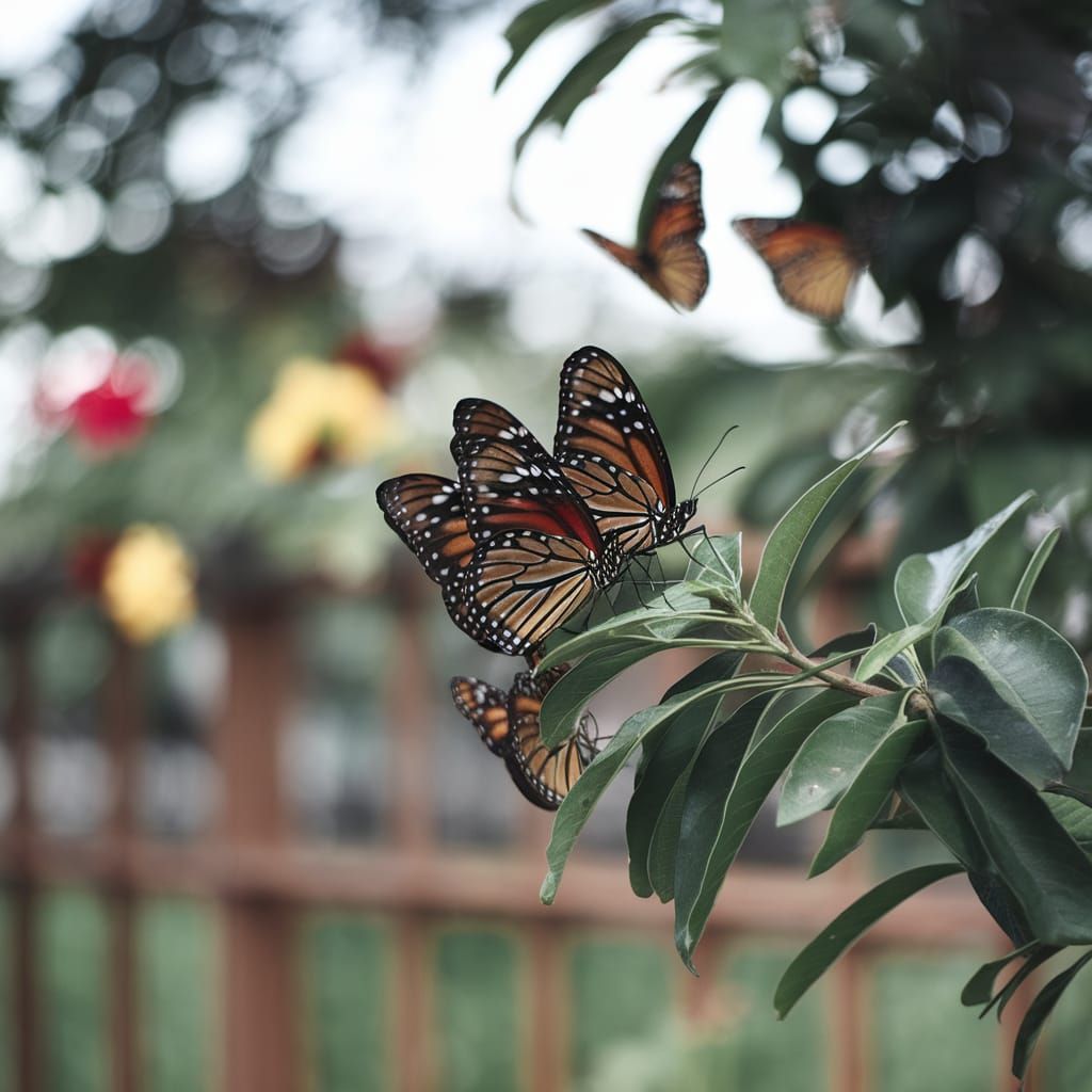 Vibrant Butterflies Perched on Green Branch in Bokeh Backgro...