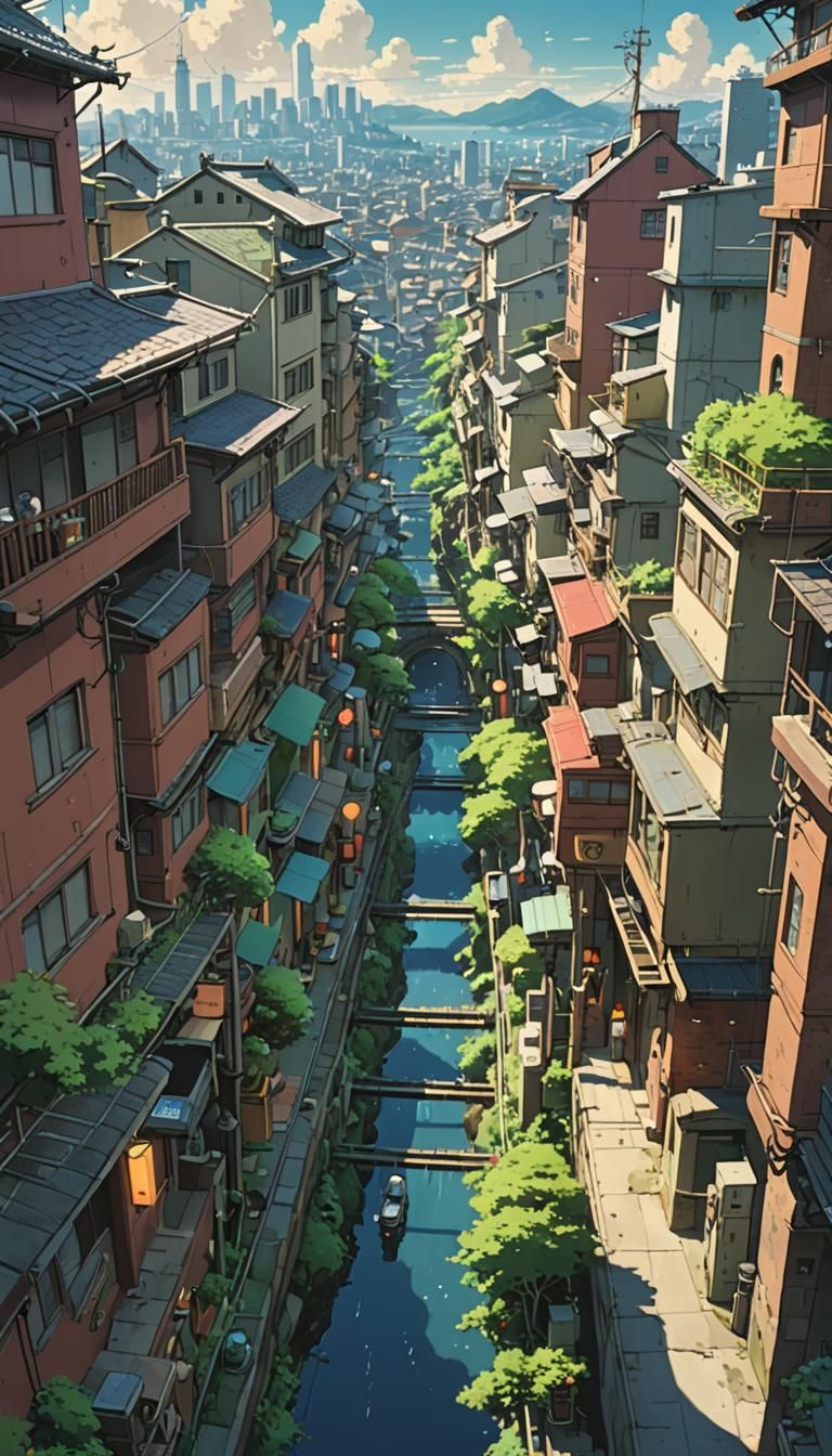 Anime Cityscape in Ghibli Style, Natural Lighting