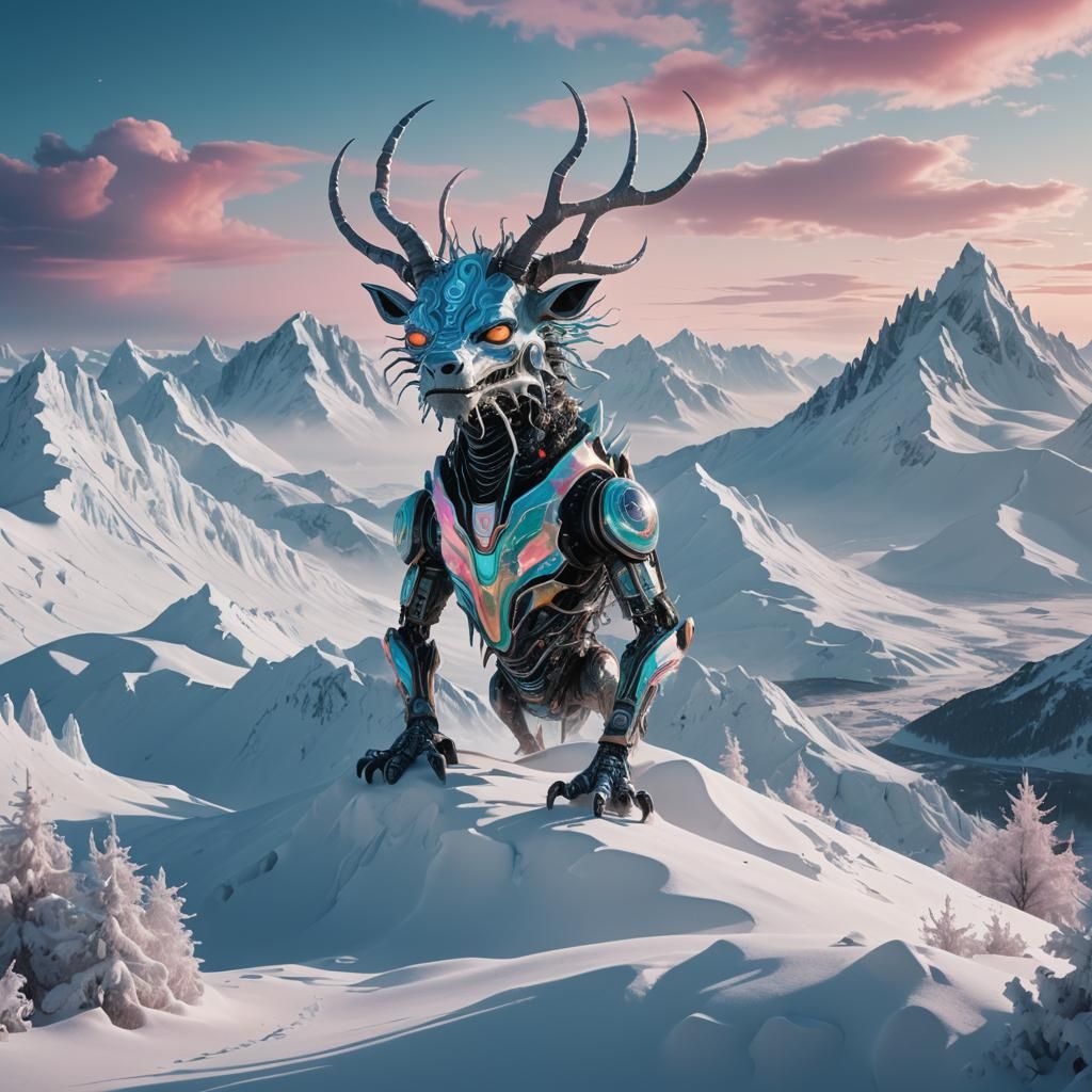 Ethereal Mythical Creature in Whimsical Snowy Landscape