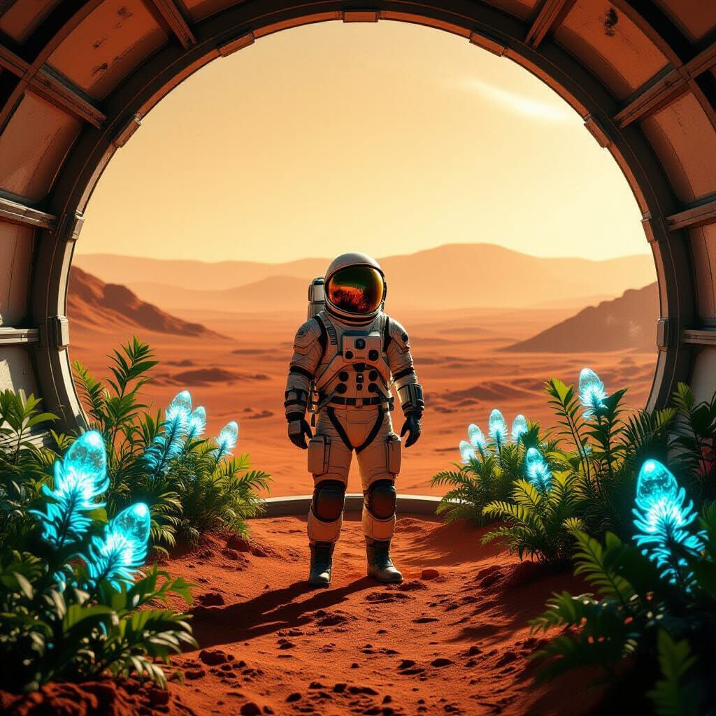 Astronaut Tends Bioluminescent Garden on Mars