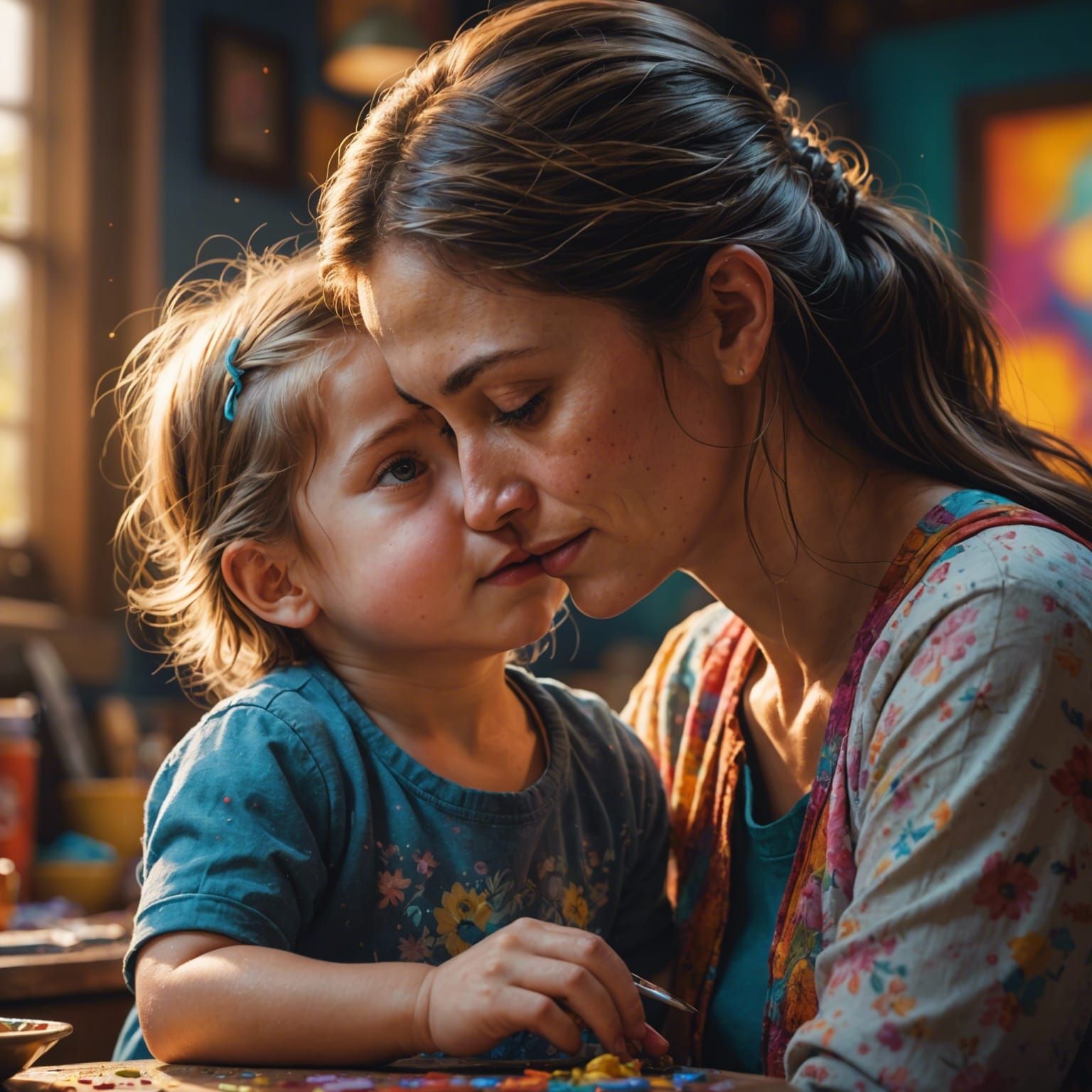 Mother Tenderly Caring for Her Child in A Vibrant, Hyperreal...