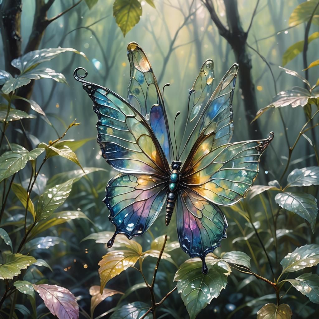 Surreal Glass Butterfly perches on a Dewy Leaf in a Vibrant...