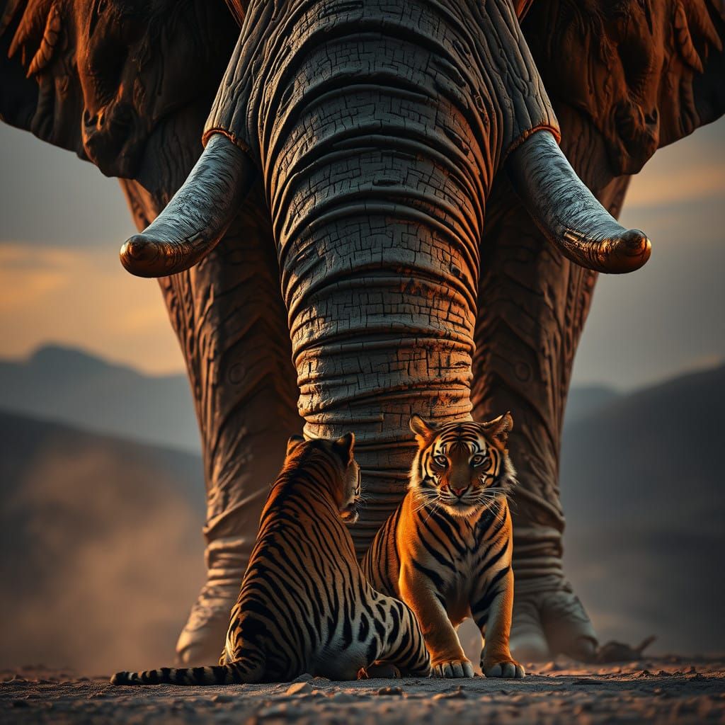 Tiger Beside Majestic Ancient Stone Elephant in Baroque Styl...