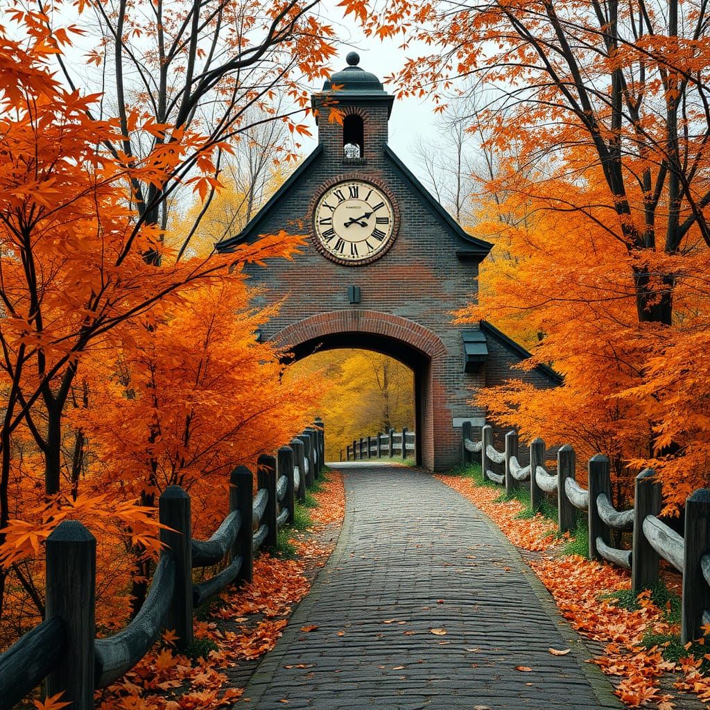 Autumnal Clock Tower Amidst Maple Leaf Forest