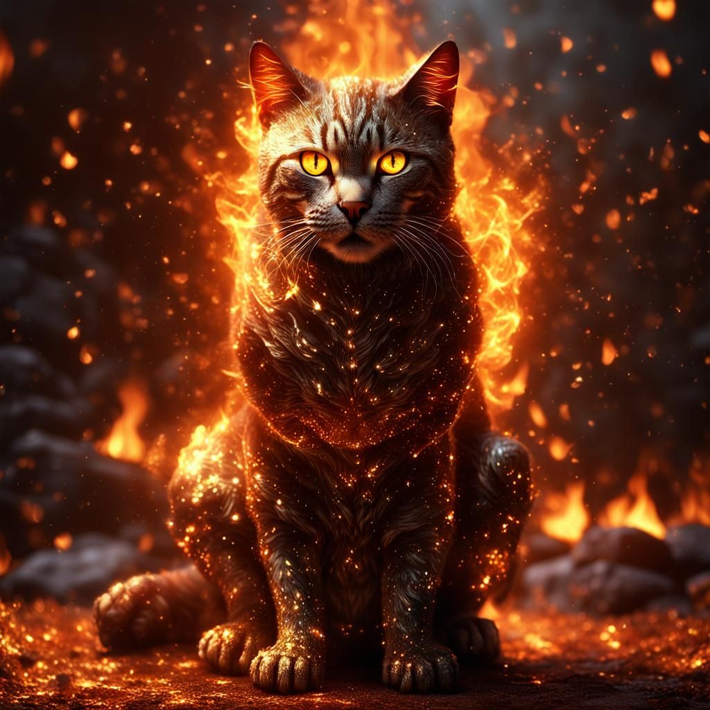 Realistic Cat Spirit Illuminated by Fire and Light