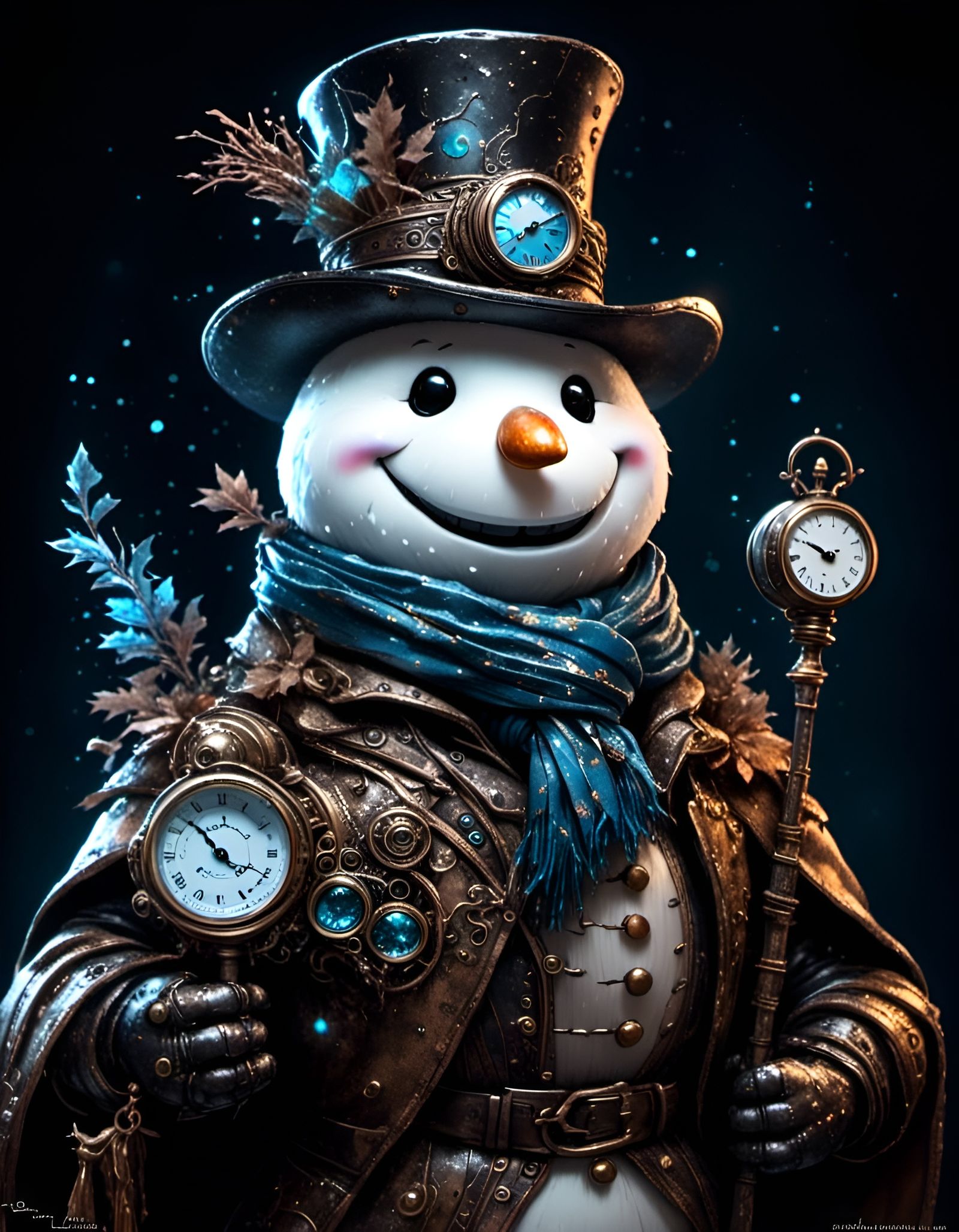 Steampunk Snowman Portrait in Vibrant Hyperreal Linework