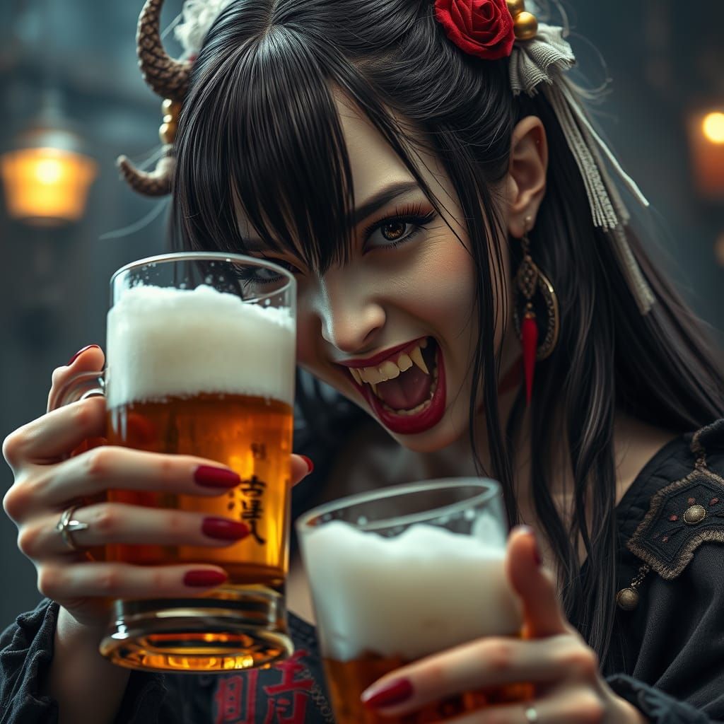 Japanese Vampire Woman in Moody Beer Tavern