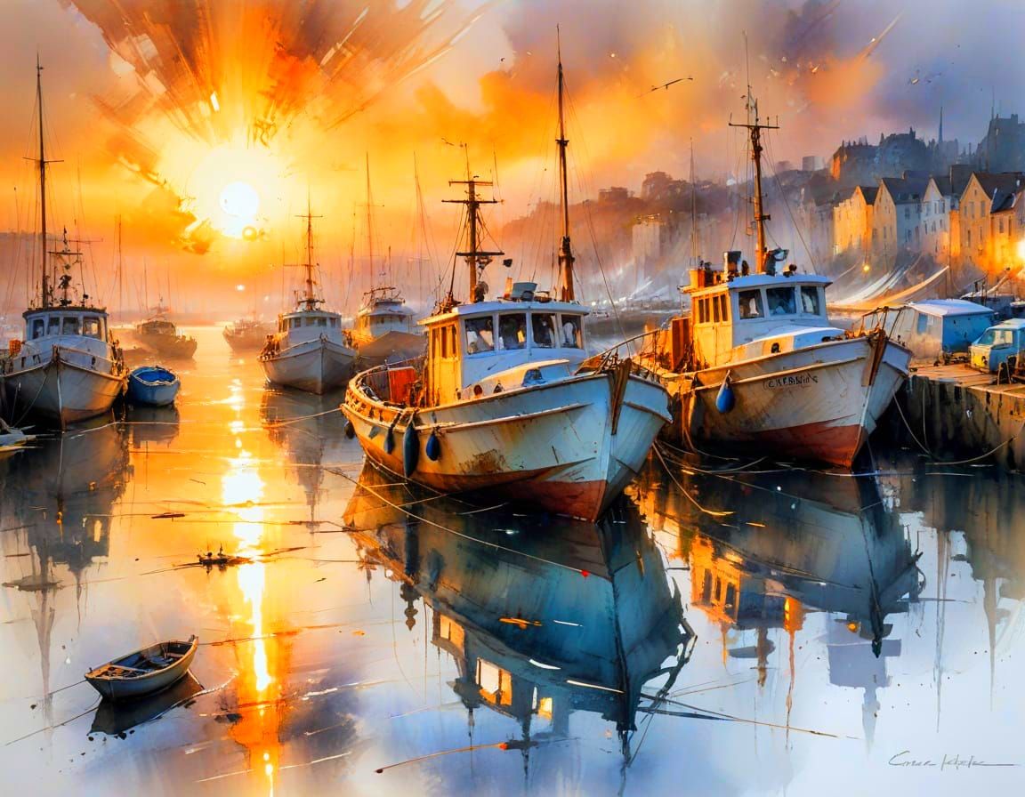 Old Harbour Boats at Sunset in Ethereal Style