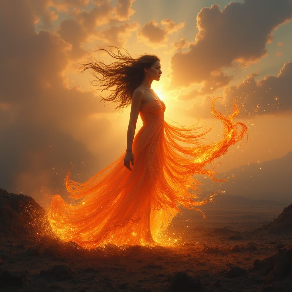 Strong Woman Emerges from Smoldering Ashes in Vibrant, Symbo...