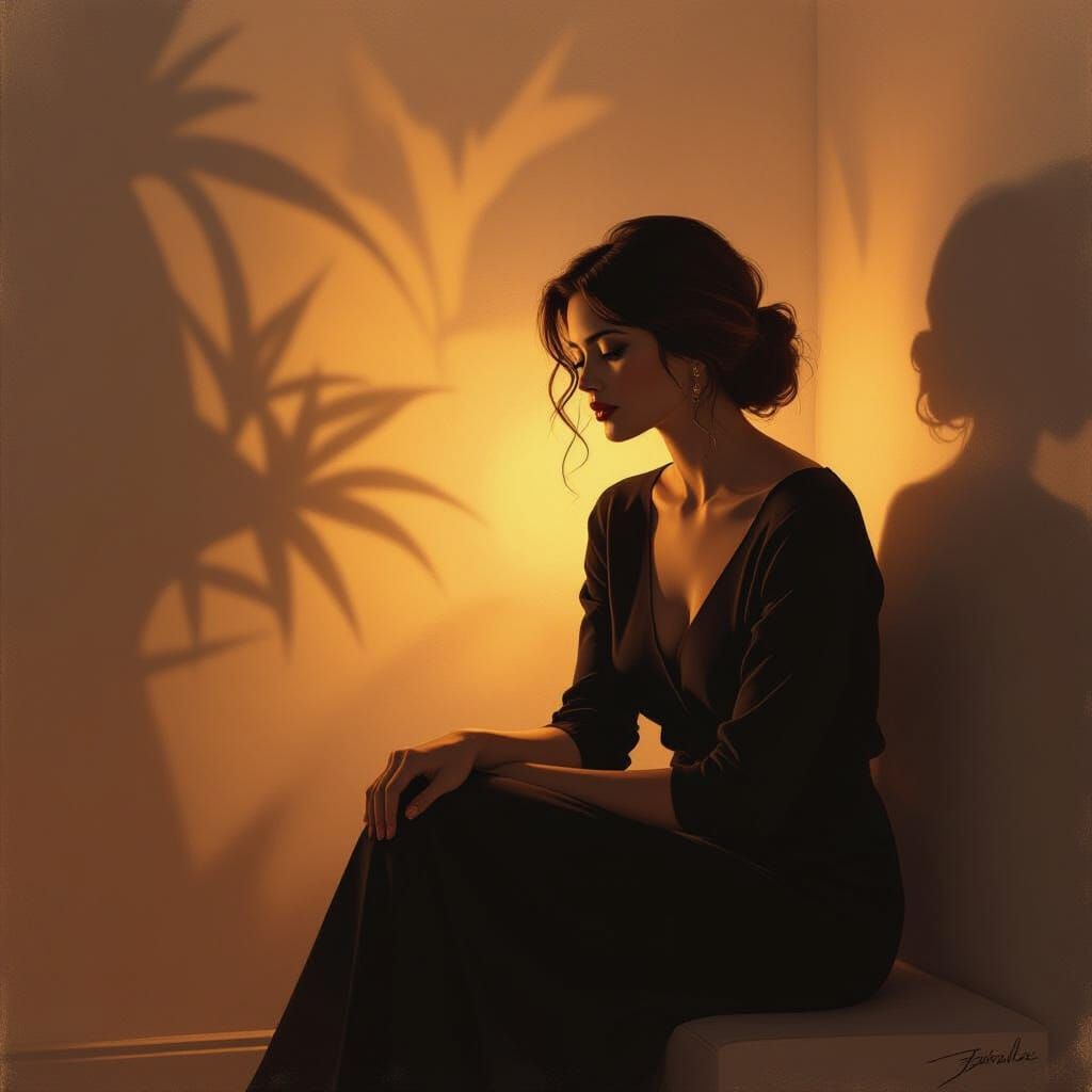 Introspective Woman in Dreamy, Warm Landscape