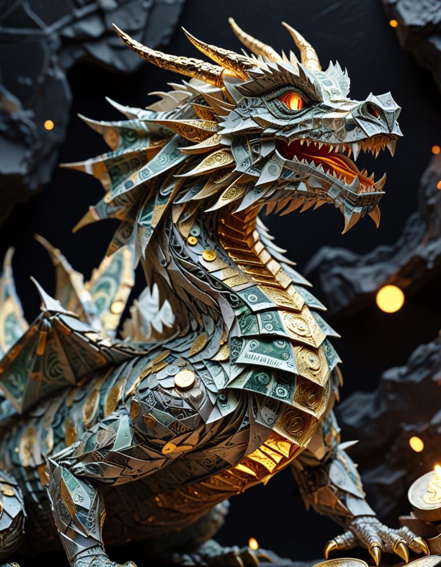 3D Money Dragon Crafted from Dollar Bills and Coins