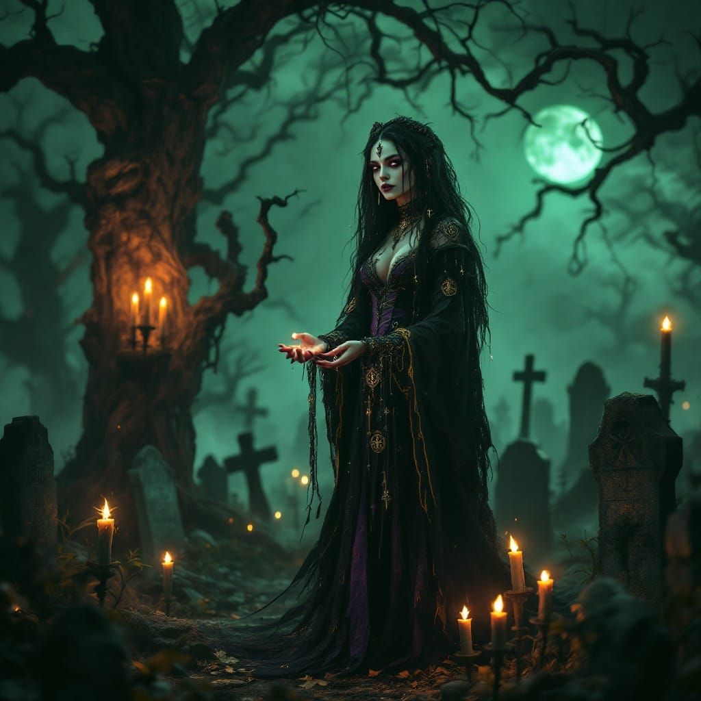 Voodoo Priestess standing in a graveyard with needles and ca...