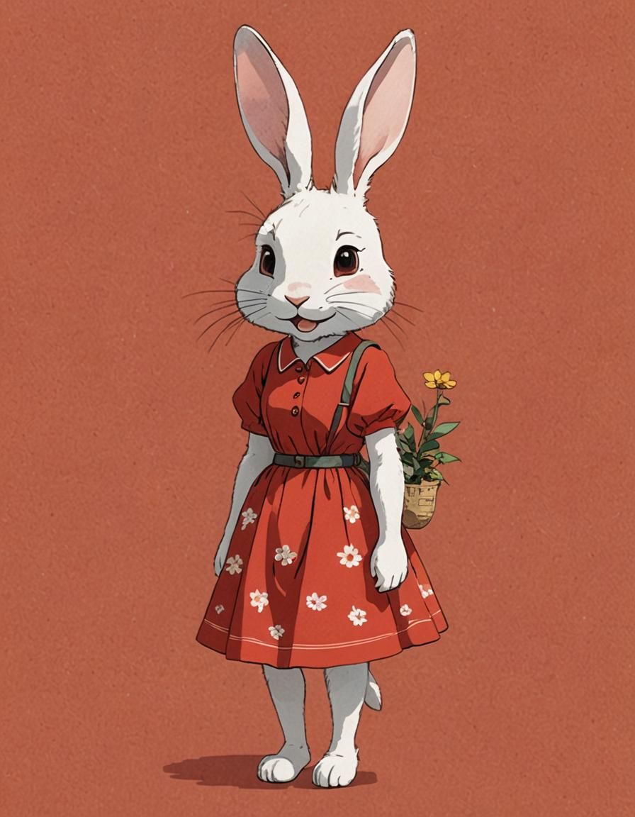 Ghibli-Inspired Rabbit Woman Wears Minimalist Red Summer Dre...