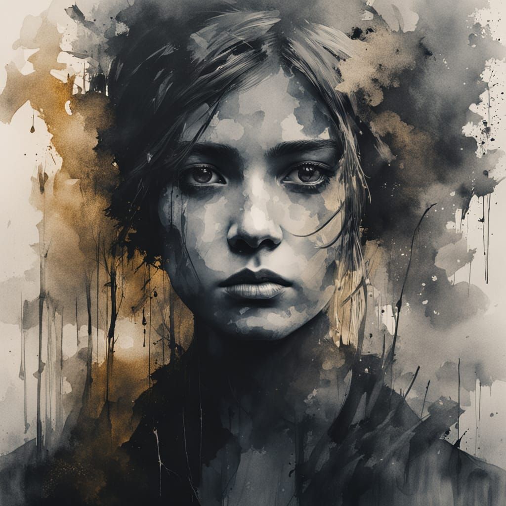 Dark Fantasy Watercolour Portrait of Girl in Forest