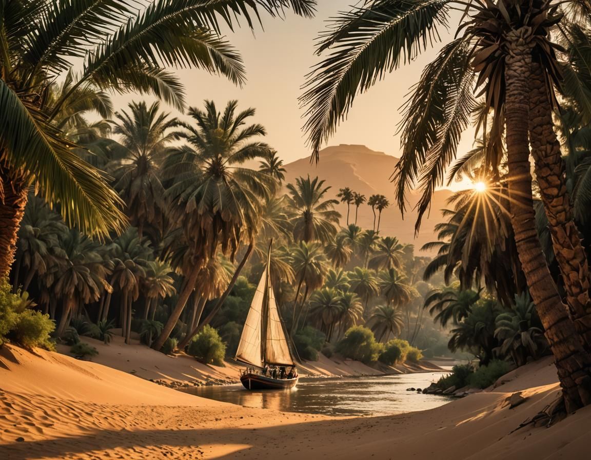 Nile River Scenery with Feluca Sailing in Warm Sunset