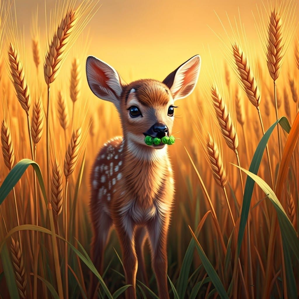 Whimsical Baby Deer in a Golden Wheat Field