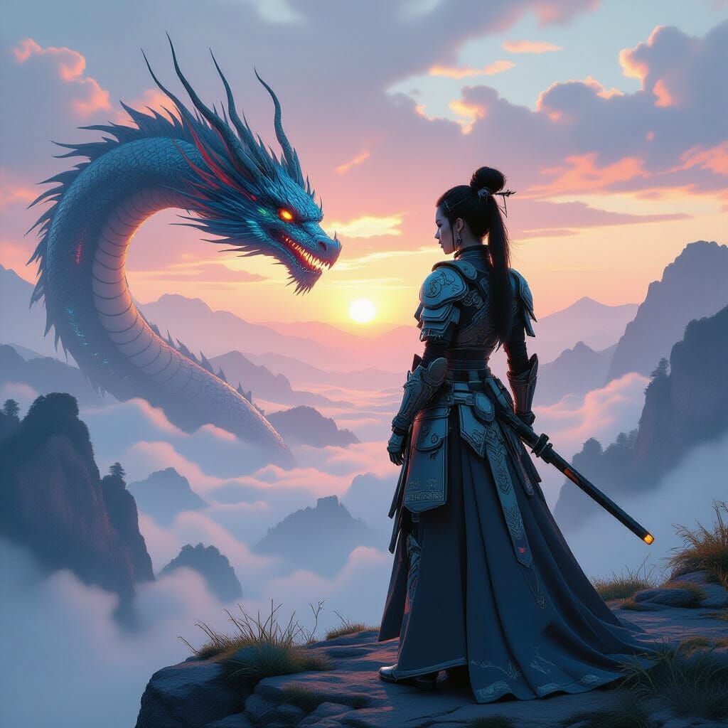 Cybernetic Samurai Woman and Dragon in Dystopian Future