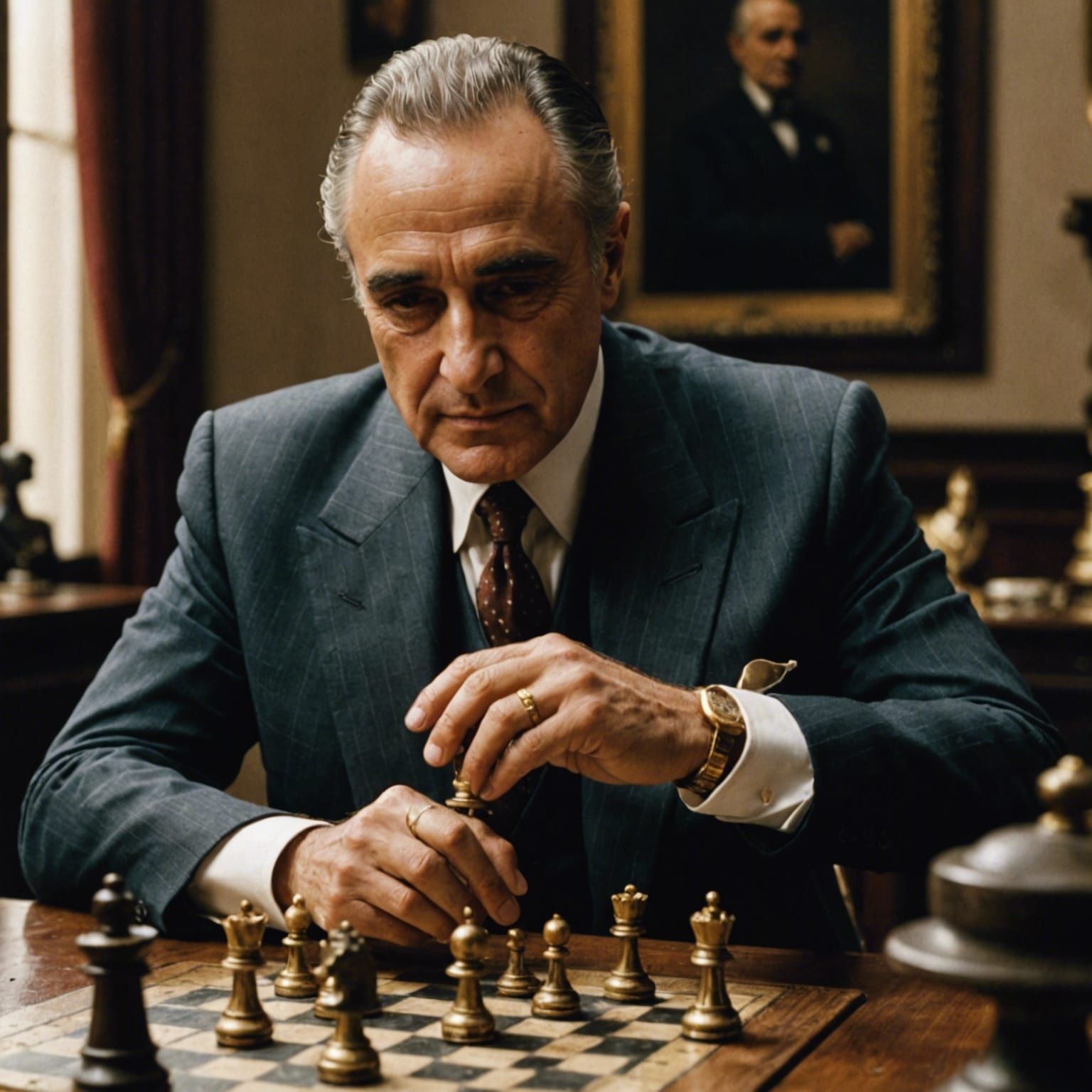 A weathered chessboard on a table. The focus is on the godfather's hand, clad in a gold signet ring, hovering over a che...