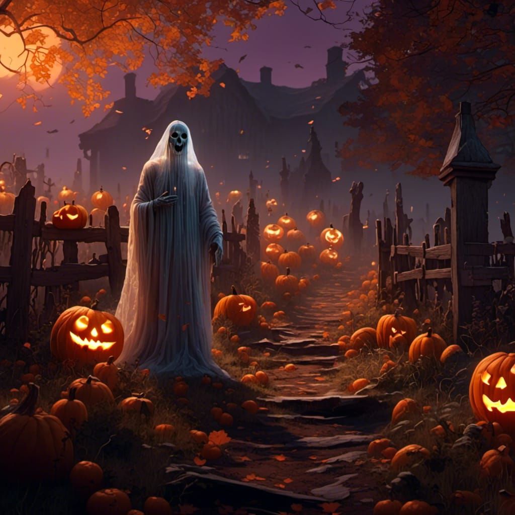 Cinematic Haunted Pumpkin Patch with Illuminated Jack o Lant...