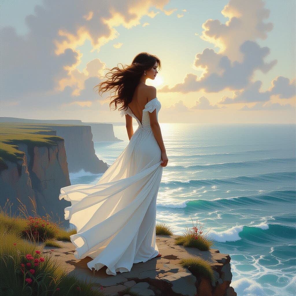 Woman at Cliffs Edge, Classical Landscape Art